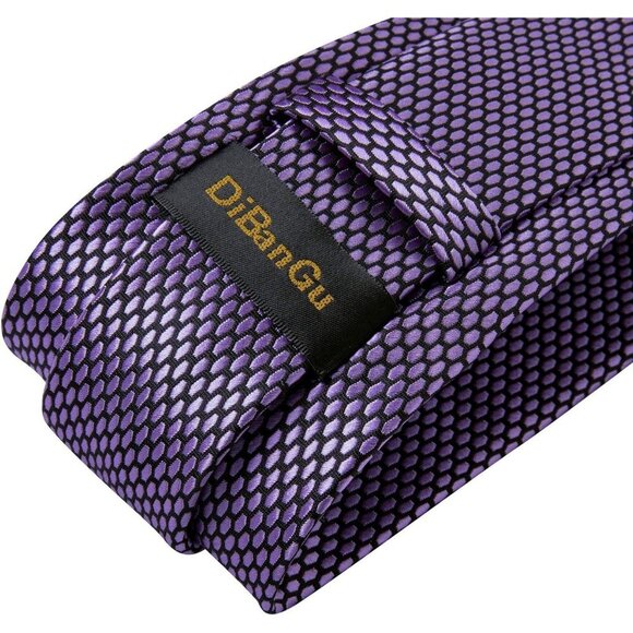 🆕Men Purple Plaid Silk Checkered Necktie Pocket Square Cufflinks Tie Clip Set - Picture 8 of 8
